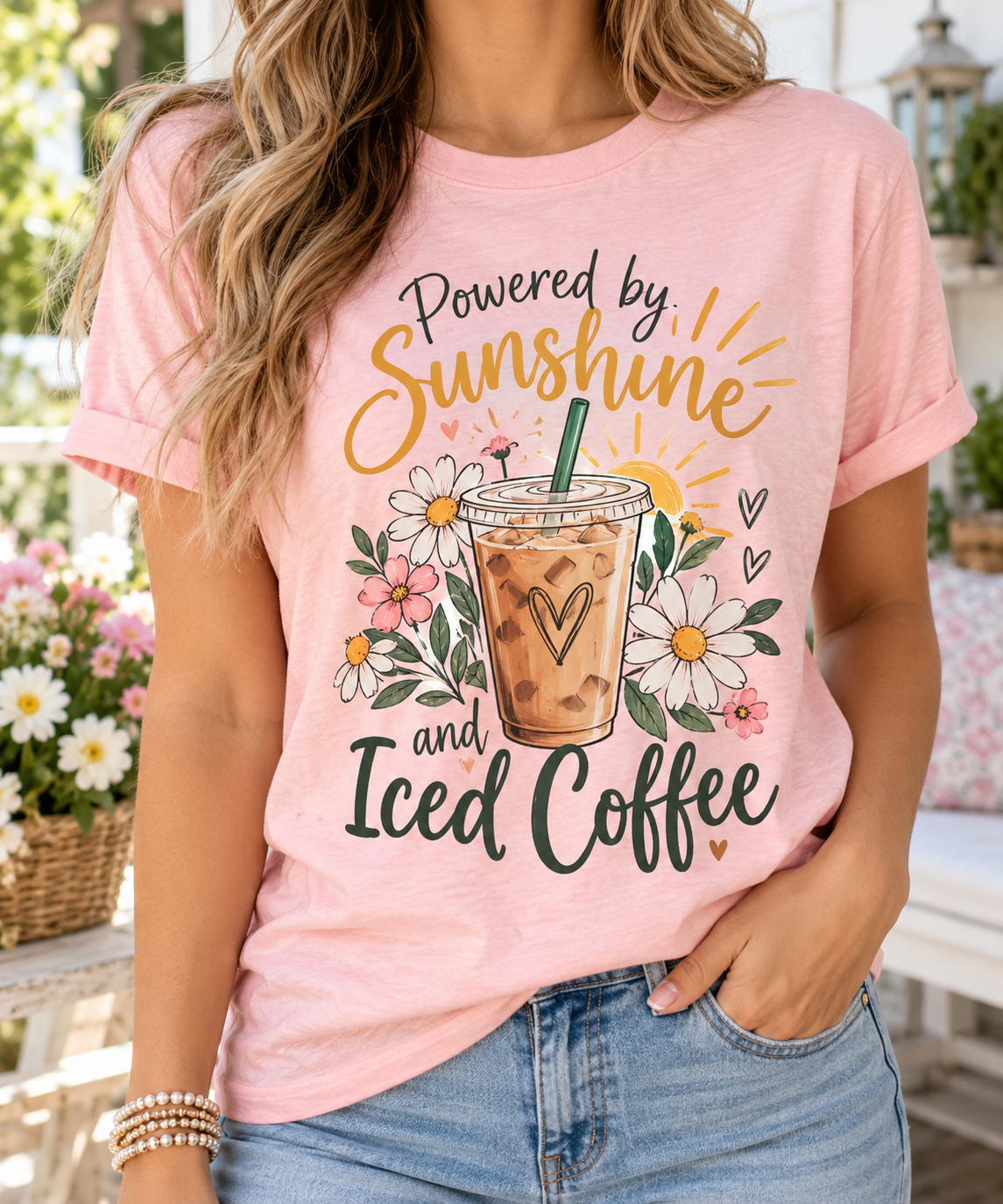 Powered by Sunshine & Iced Coffee boutique modeled mockup