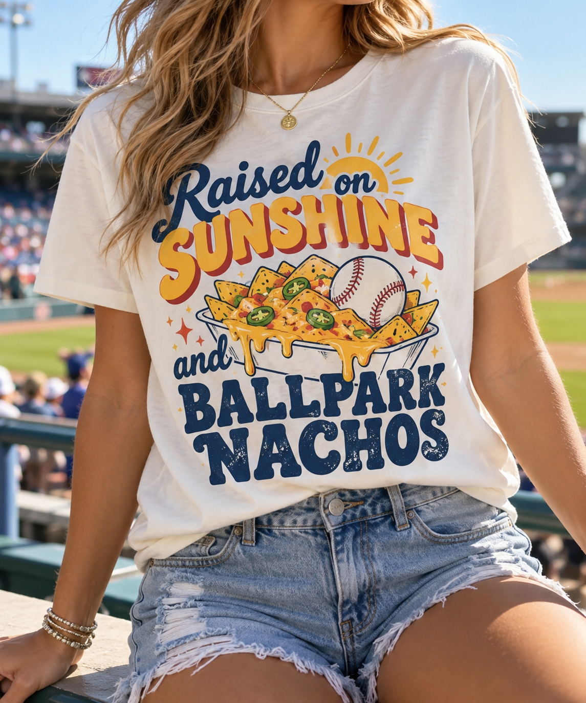 Raised on Sunshine & Ballpark Nachos boutique modeled mockup