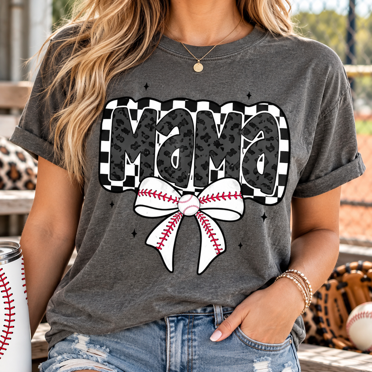 Mama: Checkerboard Baseball Bow boutique modeled mockup