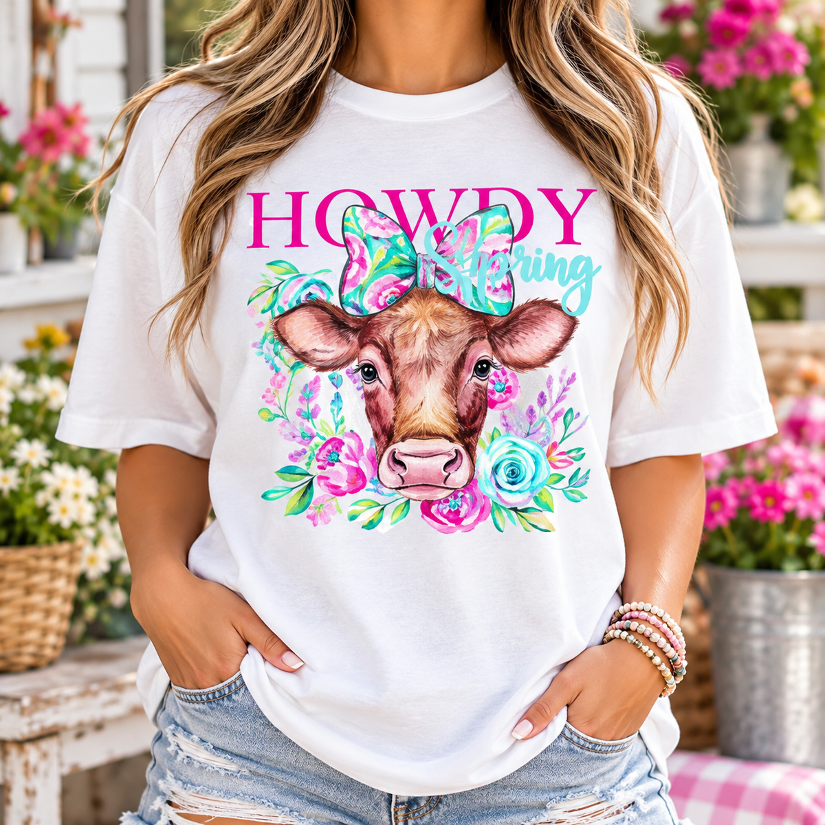 Howdy Spring: Floral Cow boutique modeled mockup