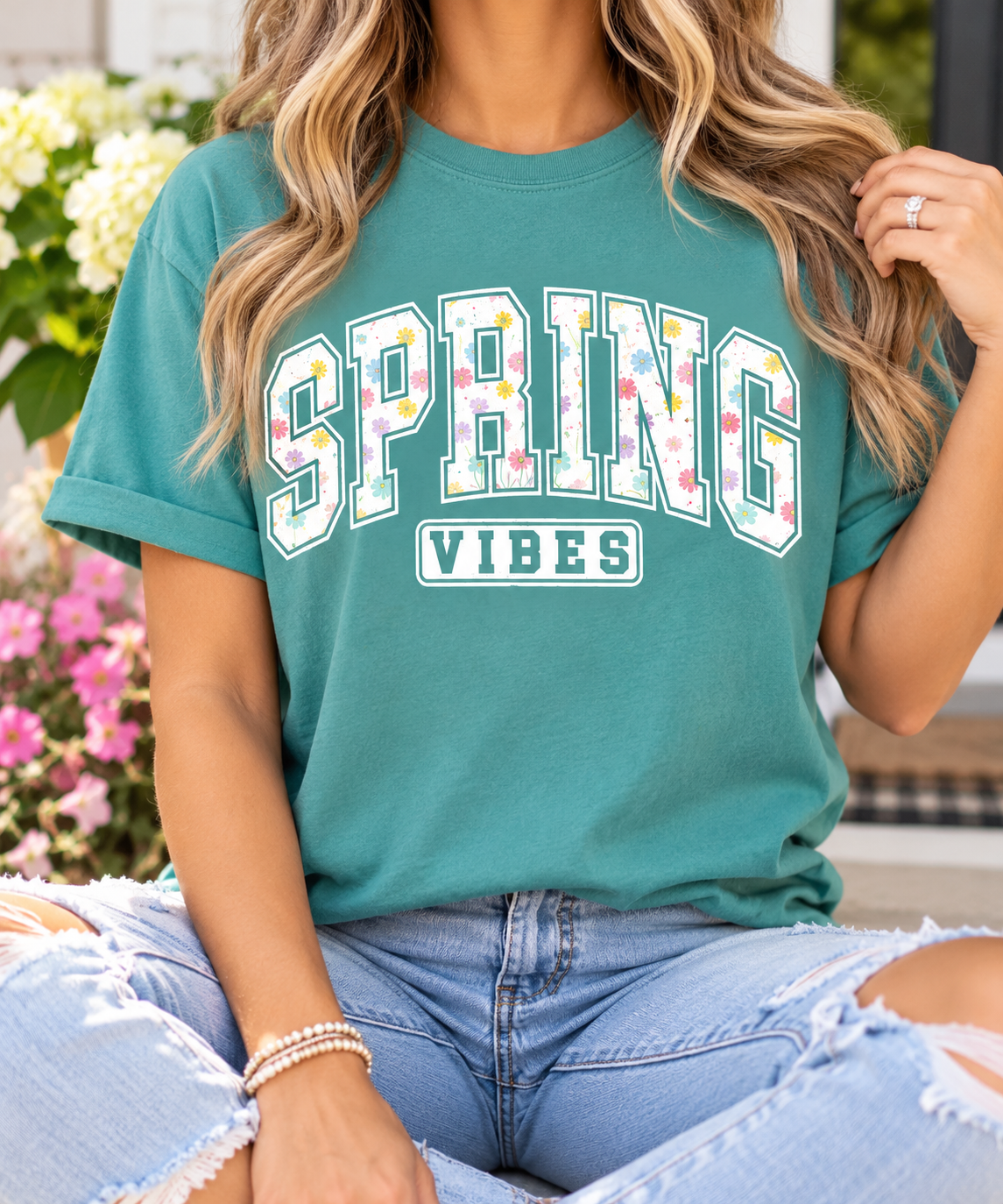 Spring Vibes: Floral Varsity boutique modeled mockup