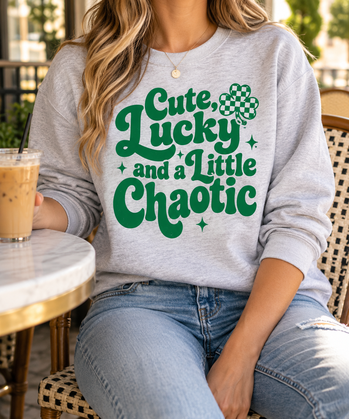 Cute, Lucky & a Little Chaotic boutique modeled mockup