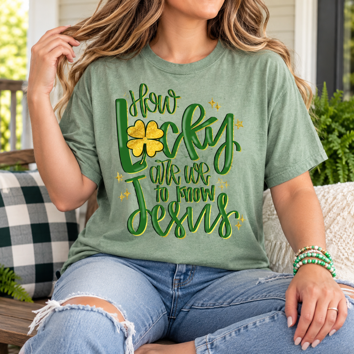 How Lucky Are We to Know Jesus boutique modeled mockup