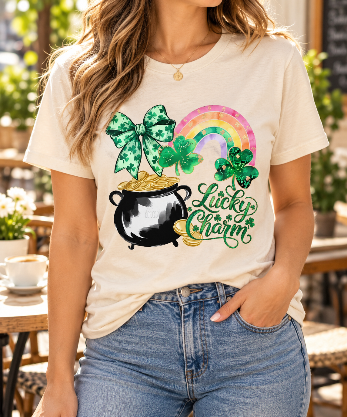 Lucky Charm: Rainbow & Bow boutique modeled mockup