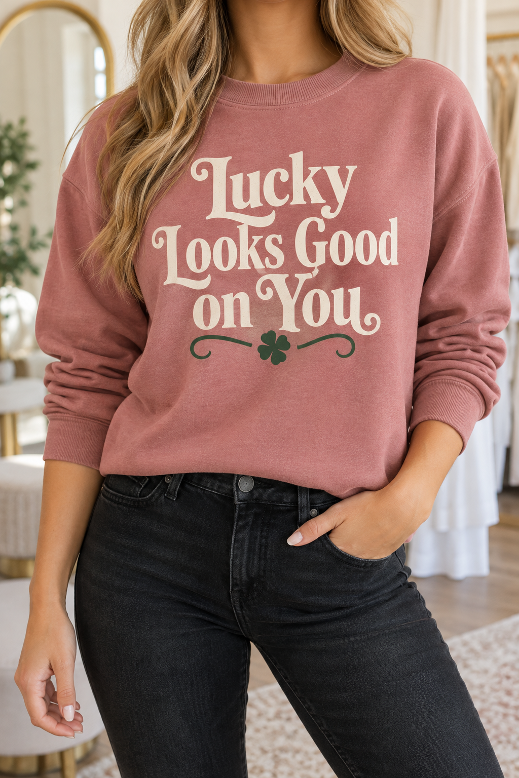 Lucky Looks Good on You boutique modeled mockup
