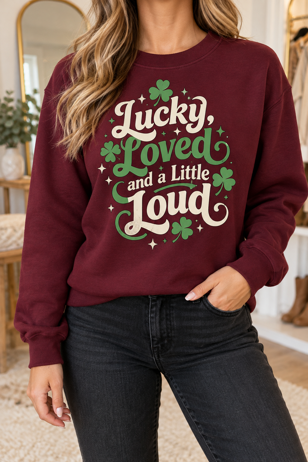 Lucky, Loved & a Little Loud boutique modeled mockup