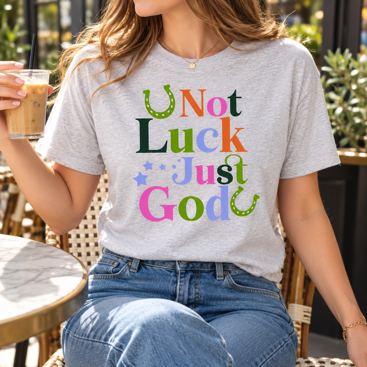 Not Luck, Just God boutique modeled mockup