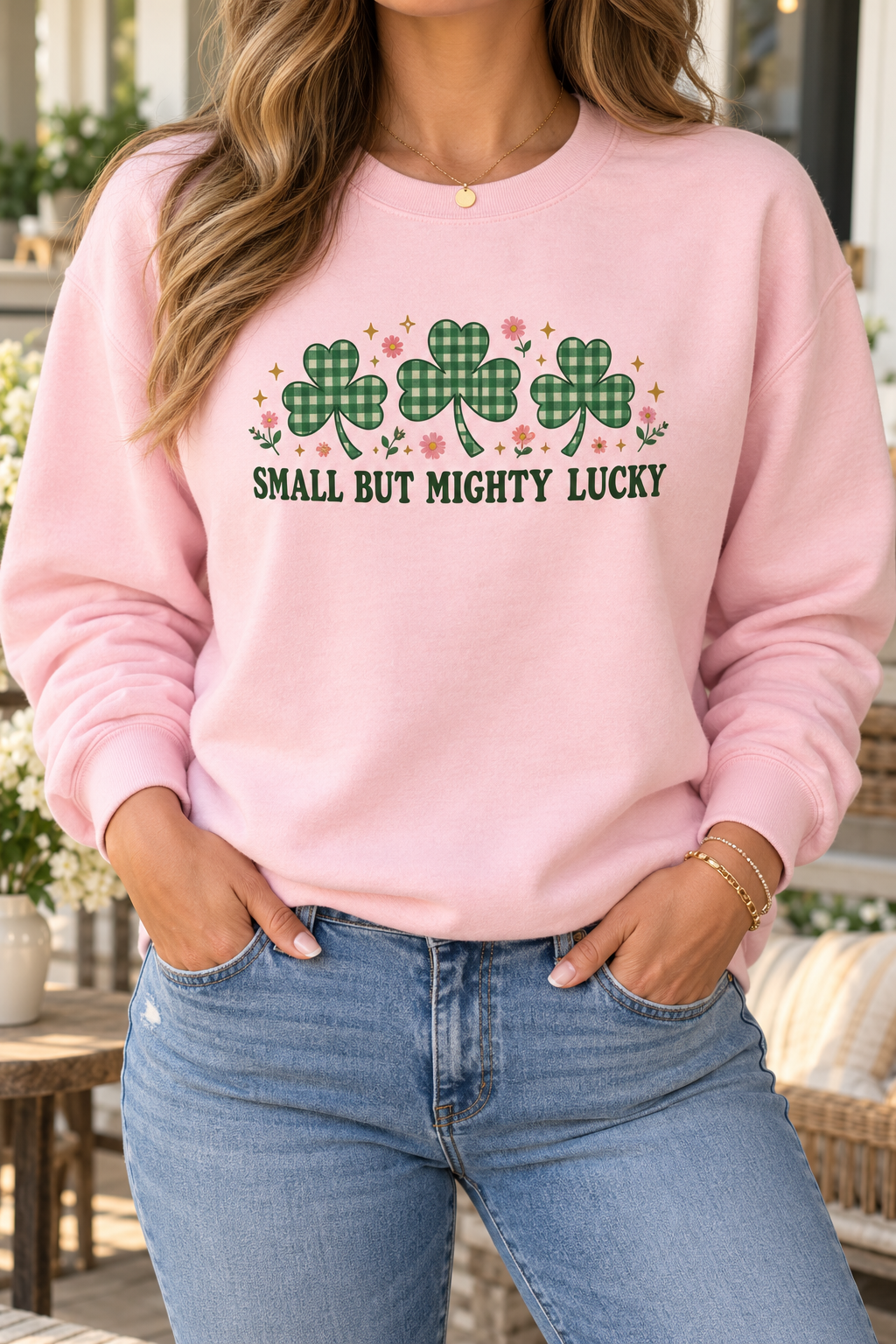 Small but Mighty Lucky boutique modeled mockup