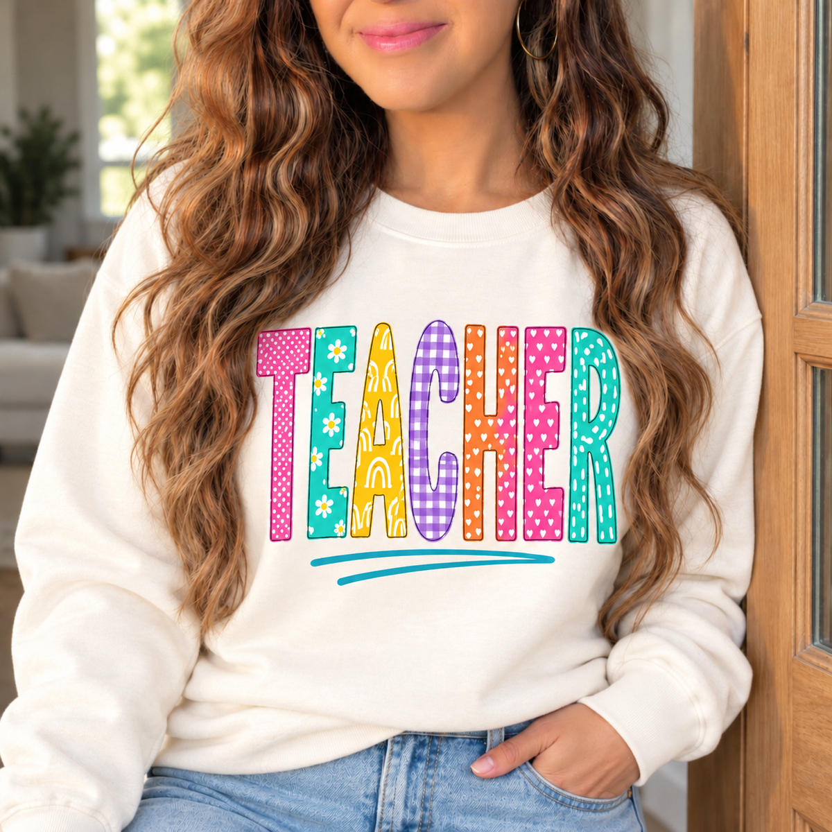 Teacher: Colorful Patchwork boutique modeled mockup
