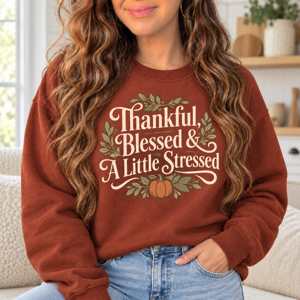 Thankful, Blessed & A Little Stressed boutique modeled mockup