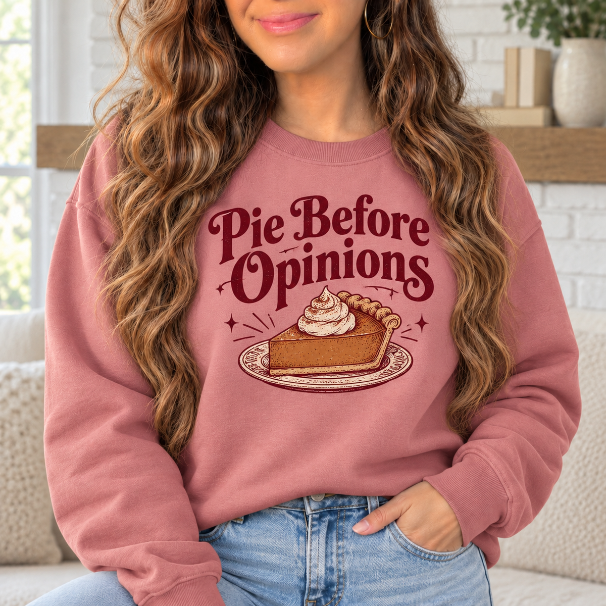 Pie Before Opinions boutique modeled mockup