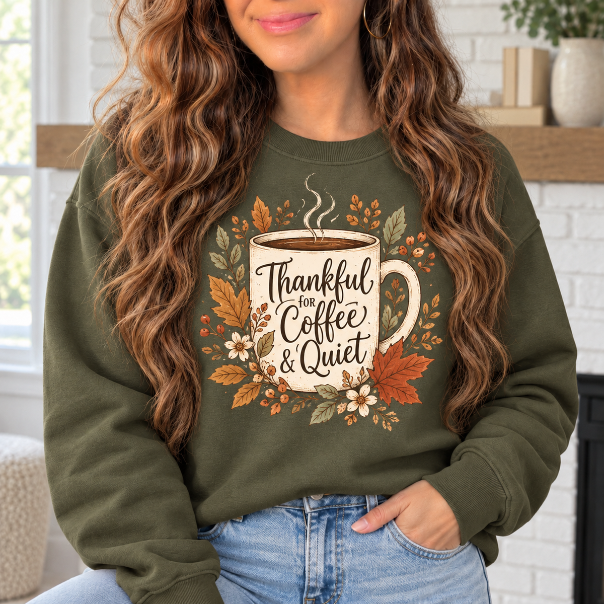 Thankful for Coffee & Quiet boutique modeled mockup