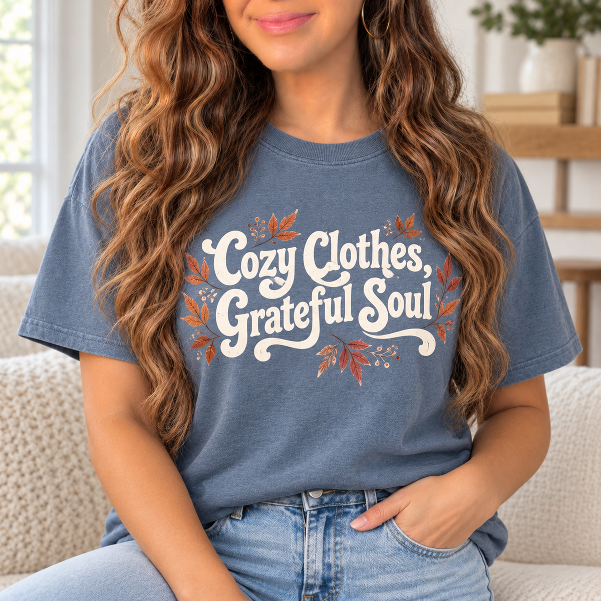 Cozy Clothes, Grateful Soul boutique modeled mockup