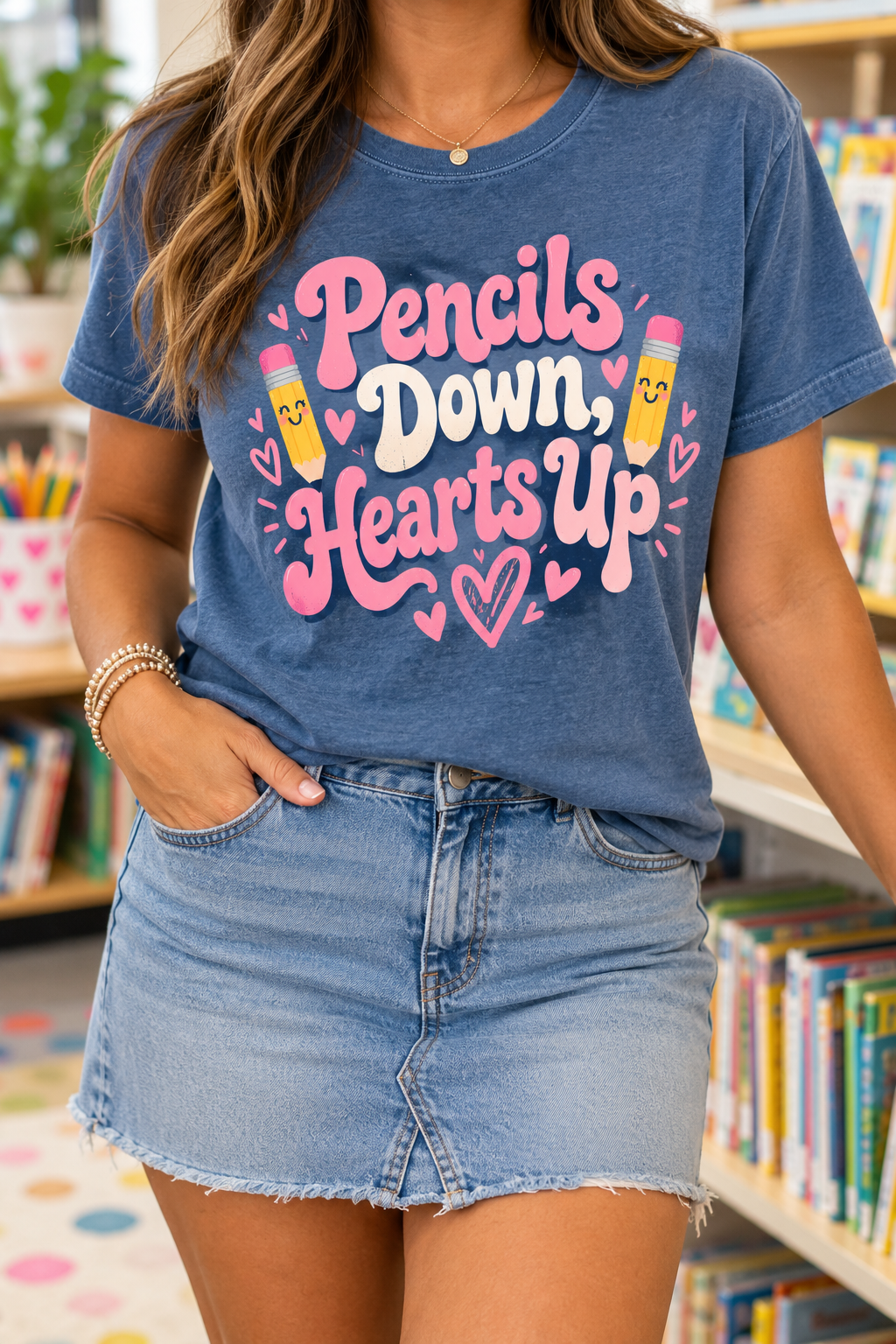 Pencils Down, Hearts Up boutique modeled mockup